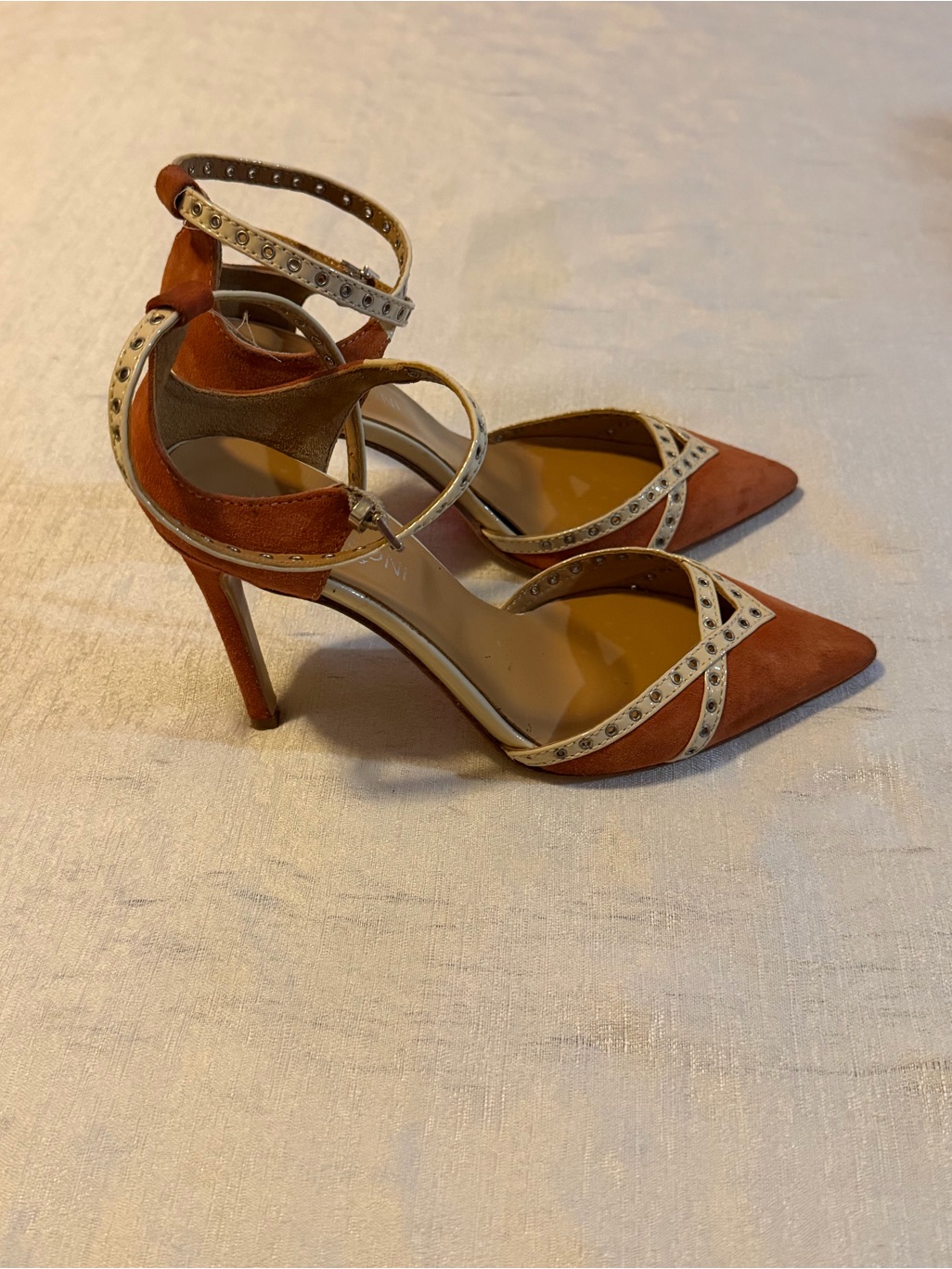Naked Wolfe Rust Suede Pointed Ankle-Strap Heels With Cream Stud Accents — image 4 of 6